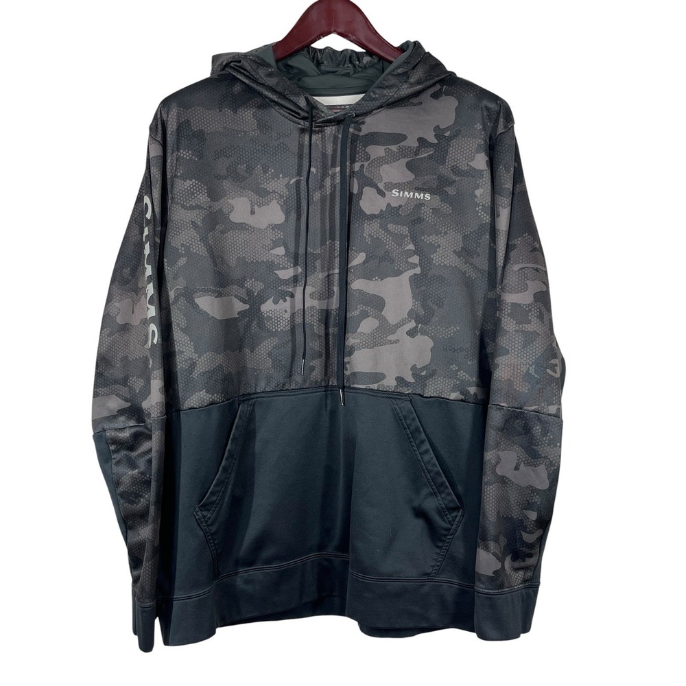 Simms Fishing Hoodie Mens XL Black Hex Camo Fleece Lined Pullover Outdoors